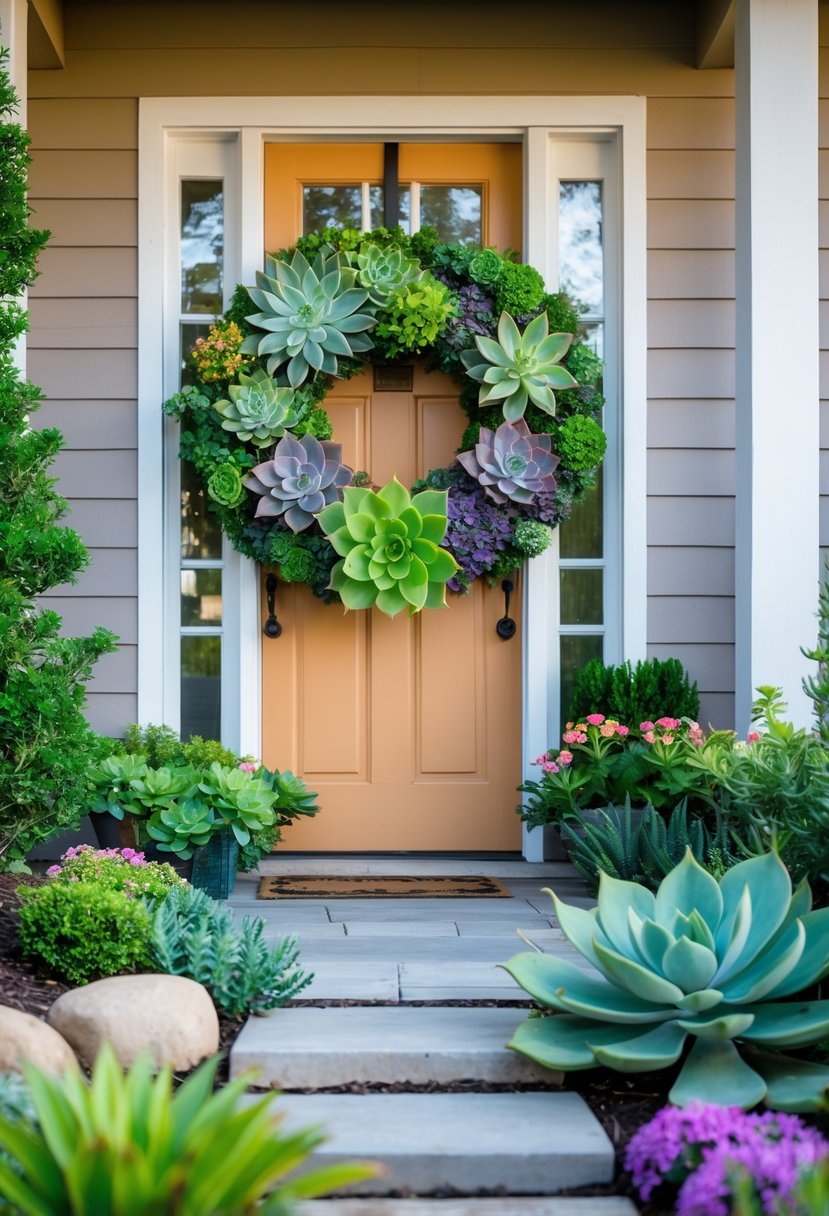 Front door decorated with a succulent wreath surrounded by a small garden with plants and flowers.
