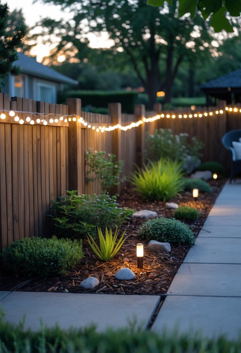 Small front garden with a wooden fence decorated with glowing fairy lights and neatly arranged plants.