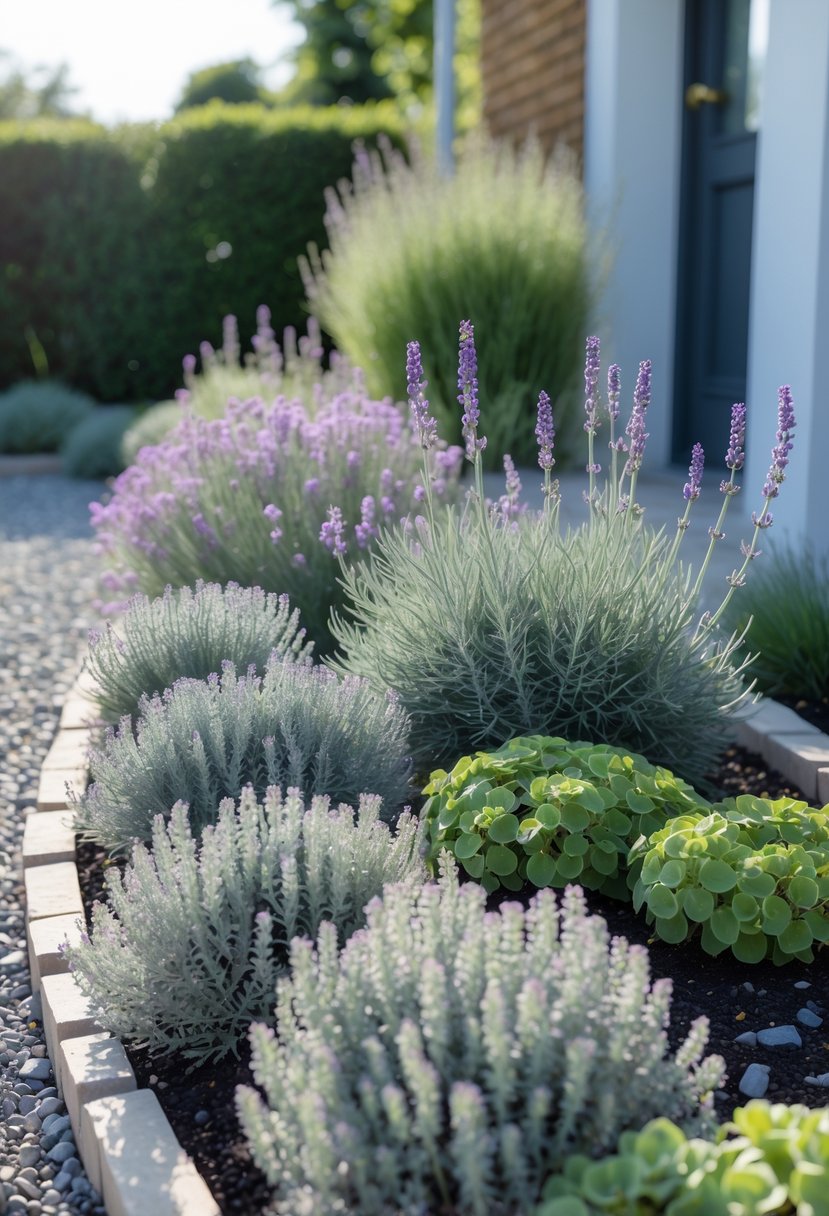 A front garden with lavender and sedum plants arranged in neat beds bordered by stone edging and gravel paths.