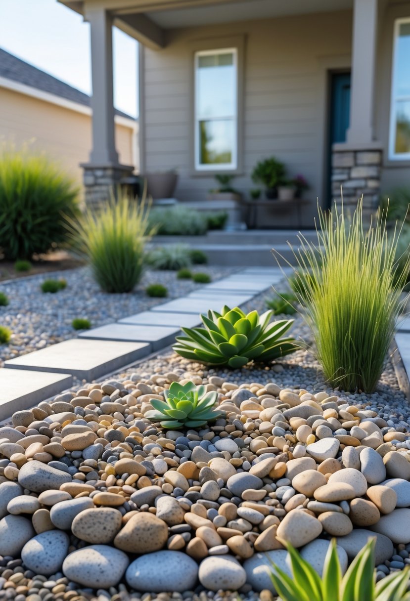 Small front garden with a mini rock garden made of pebbles, surrounded by green plants and a stone pathway leading to a house.