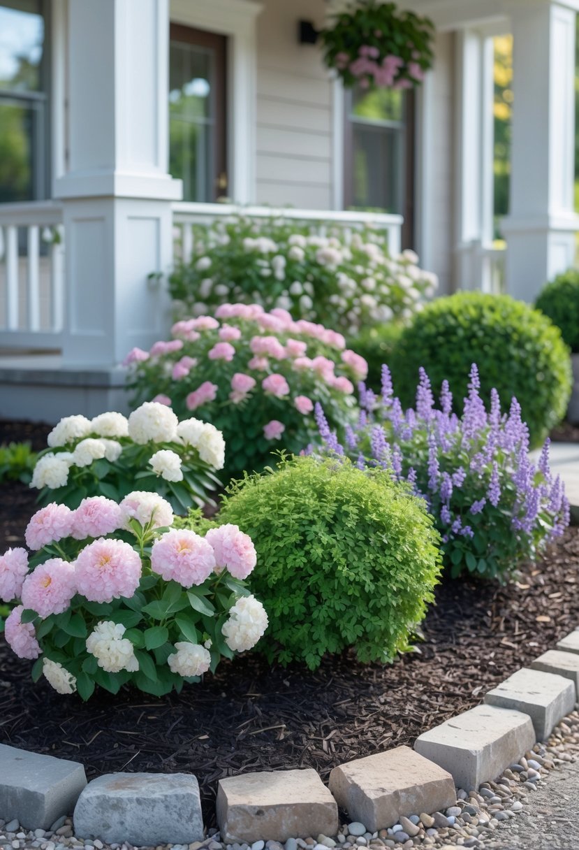 Small front garden with colorful flowering shrubs, stone edging, and a gravel pathway leading to a house.
