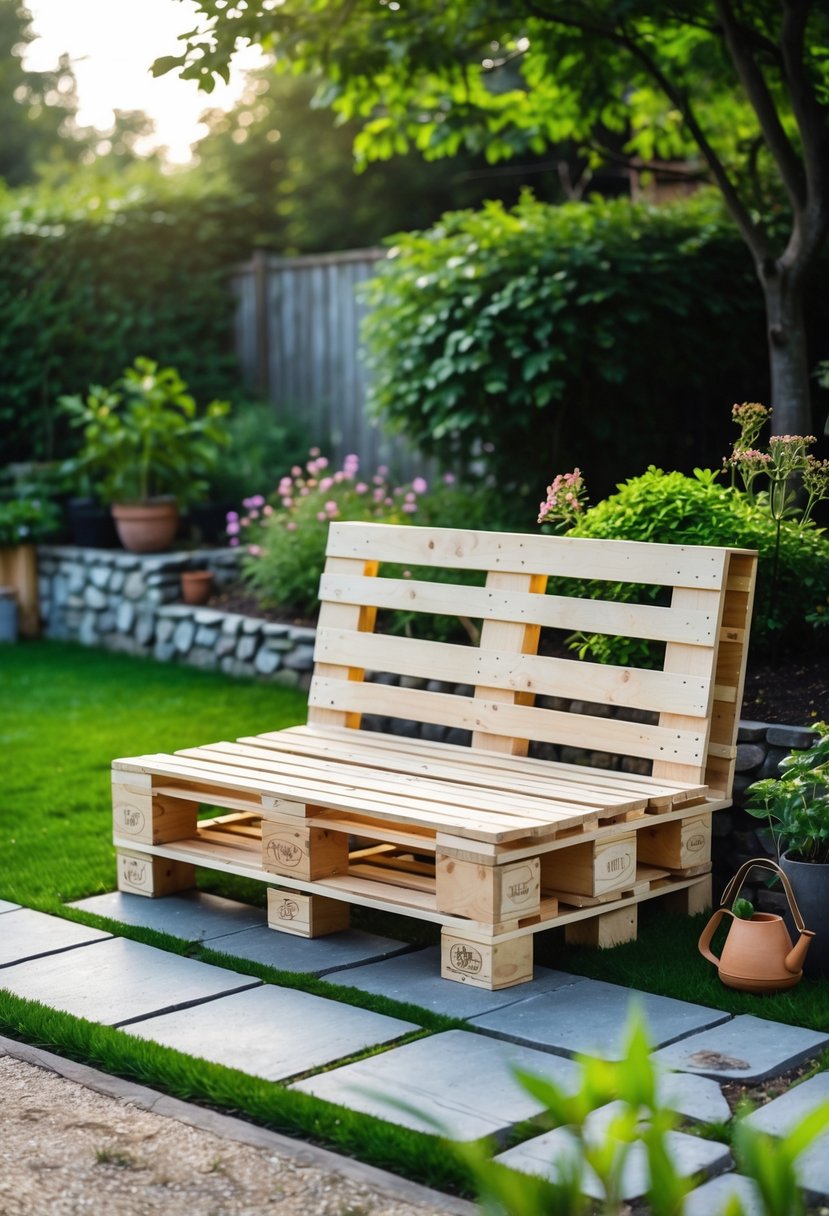 A small front garden with a bench made from wooden pallets surrounded by grass, plants, and flowers.