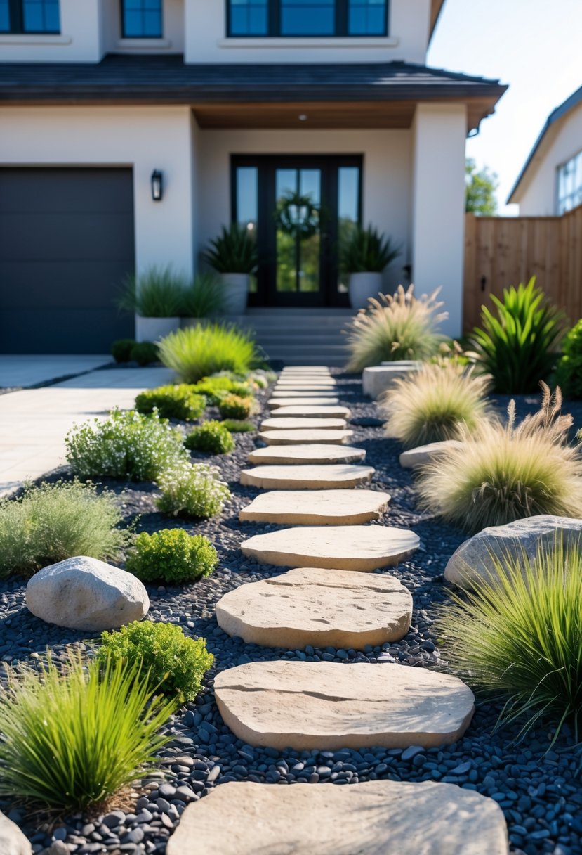 Front garden with stepping stone pathway surrounded by low-maintenance plants and gravel leading to a house entrance.