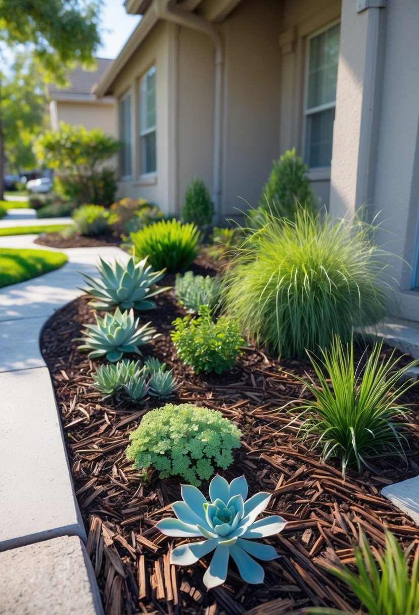Small front garden with mulch covering soil around drought-tolerant plants next to a walkway and house.