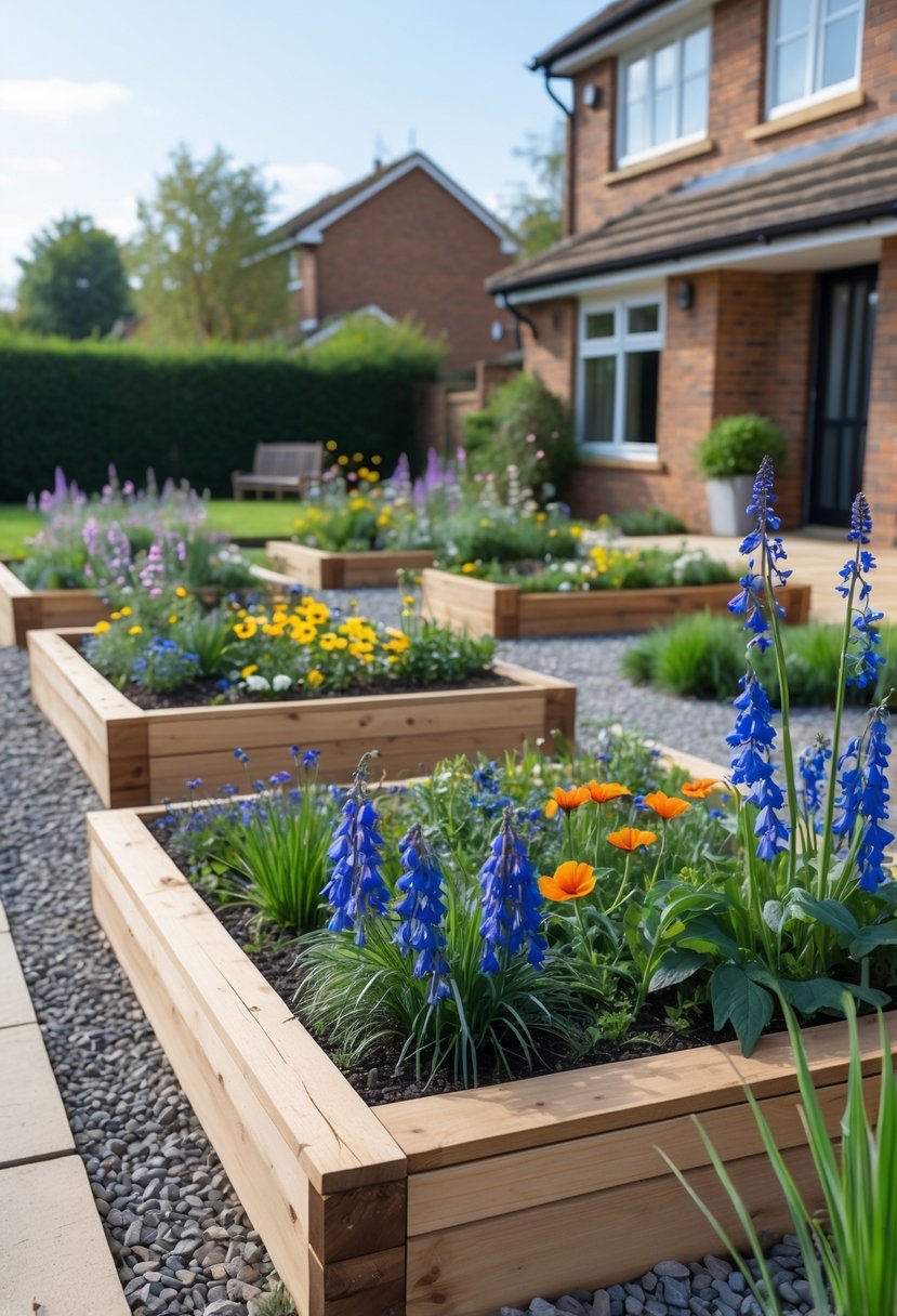 Front garden with raised wooden flower beds filled with colorful native wildflowers and gravel pathways in front of a modern house.