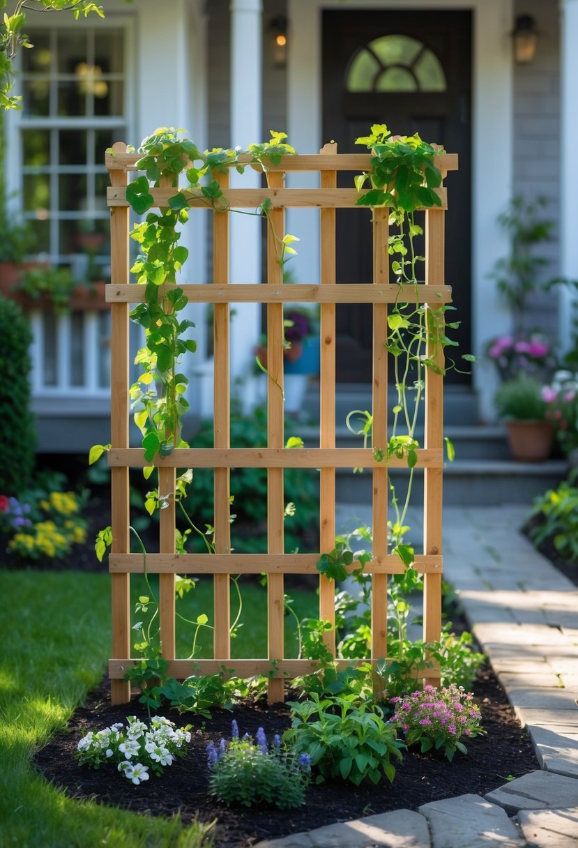 A small front garden with a wooden trellis covered in climbing green vines beside a pathway leading to a house.
