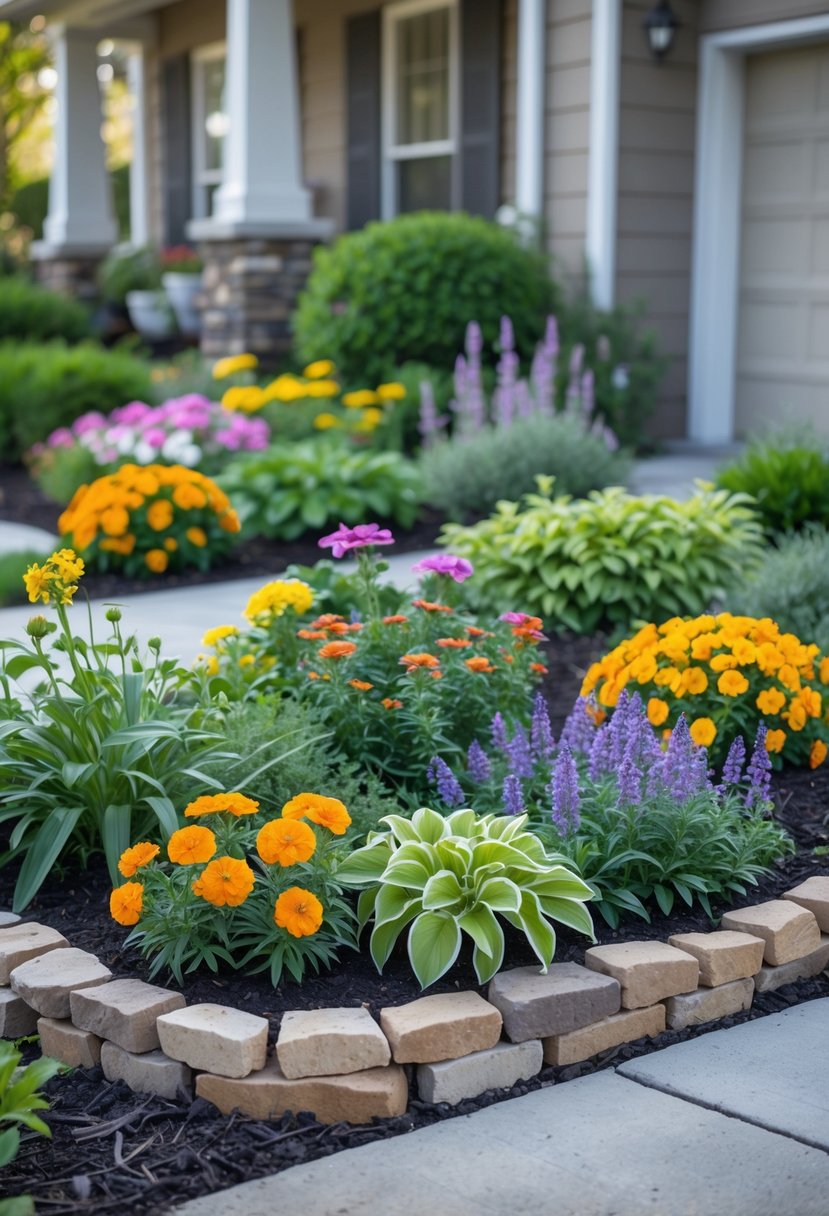 A small front garden with colorful flowers and green plants arranged neatly along a walkway leading to a house.