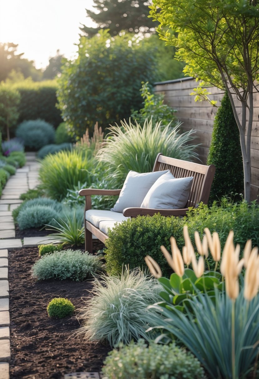 Outdoor seating area with a wooden bench surrounded by hardy plants and a stone pathway in a front garden.