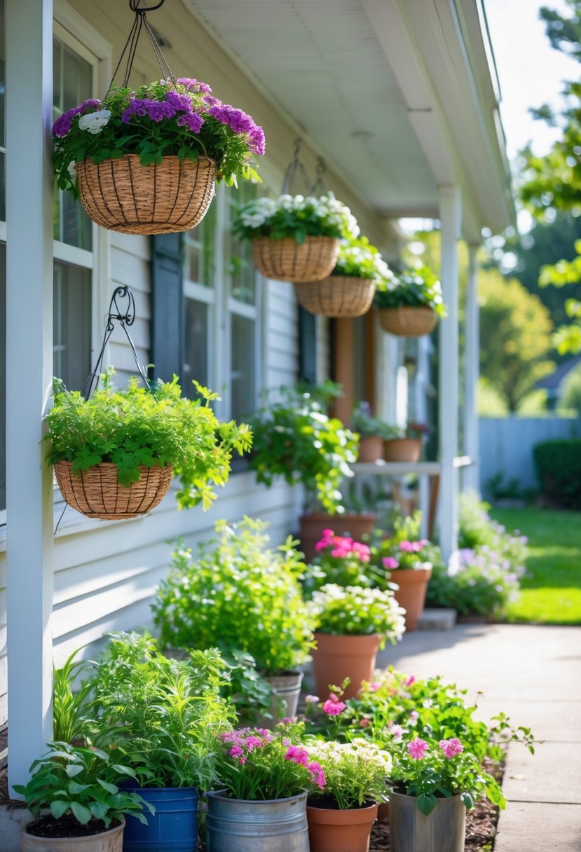 Small front garden with hanging flower baskets and potted plants outside a house.