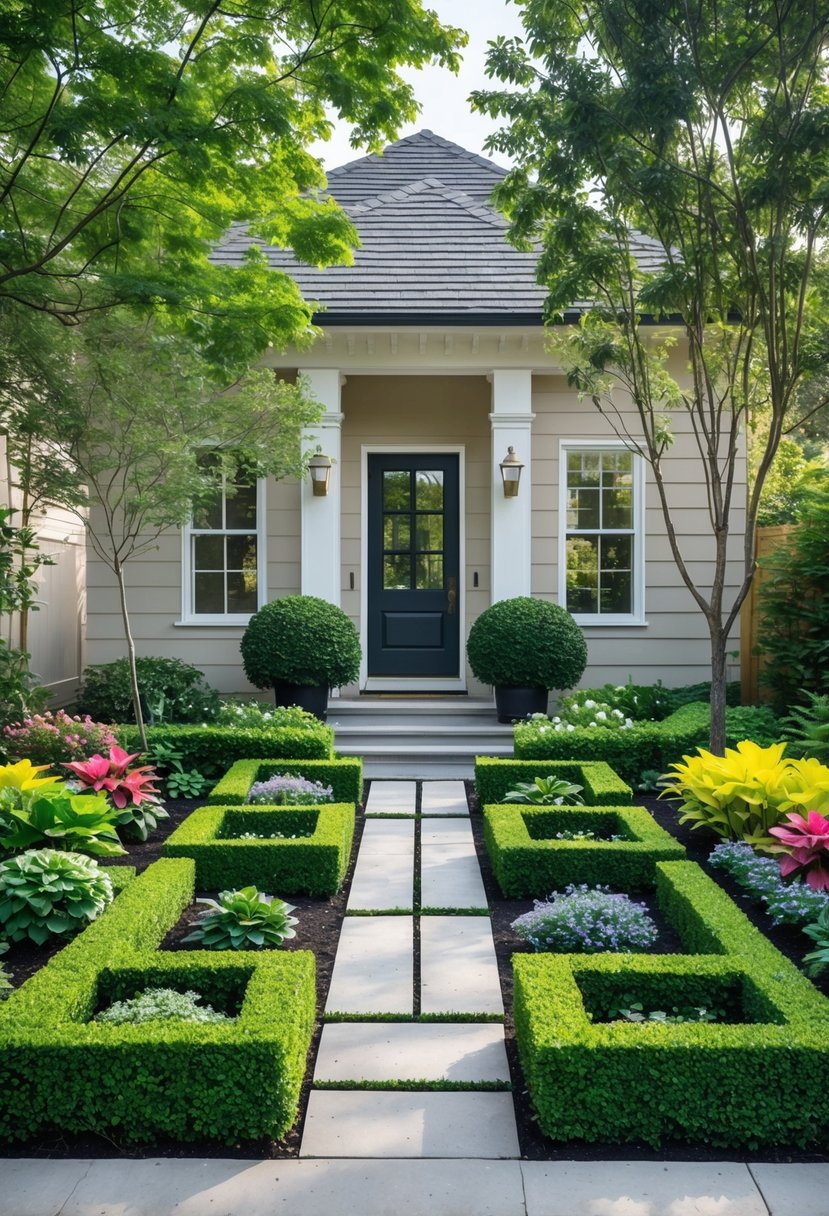 A small front garden with symmetrical boxwood hedges, a stone pathway, and colorful flowers in front of a house.