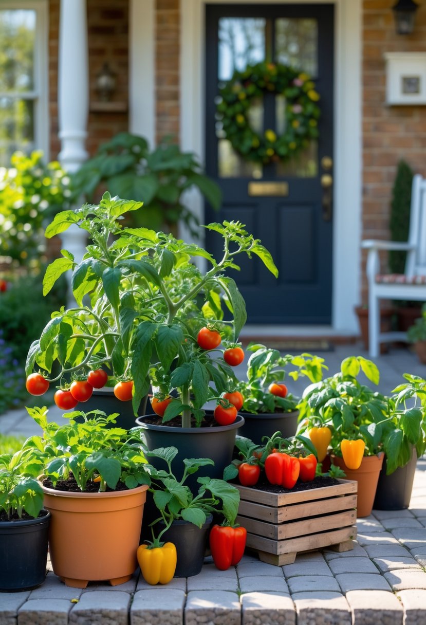 Small front garden with tomato and pepper plants growing in various containers on a paved porch.