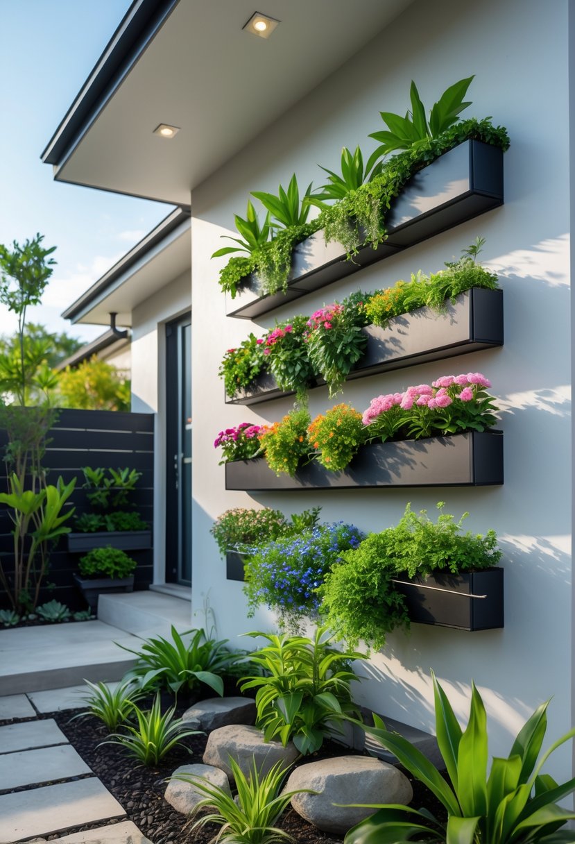 Small front garden with wall-mounted vertical planters filled with green plants and flowers on the exterior wall of a modern home.