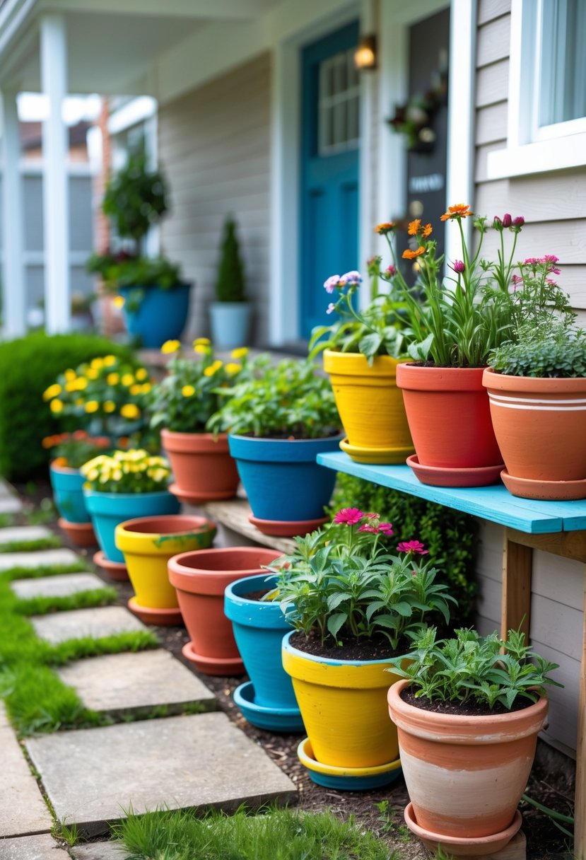 A small front garden with colorful painted pots filled with flowers and plants arranged near a house entrance.