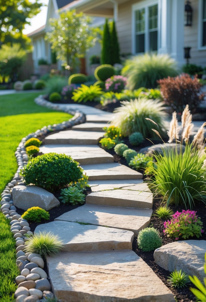 Curved natural stone pathway winding through a small front garden with green plants and colorful flowers.