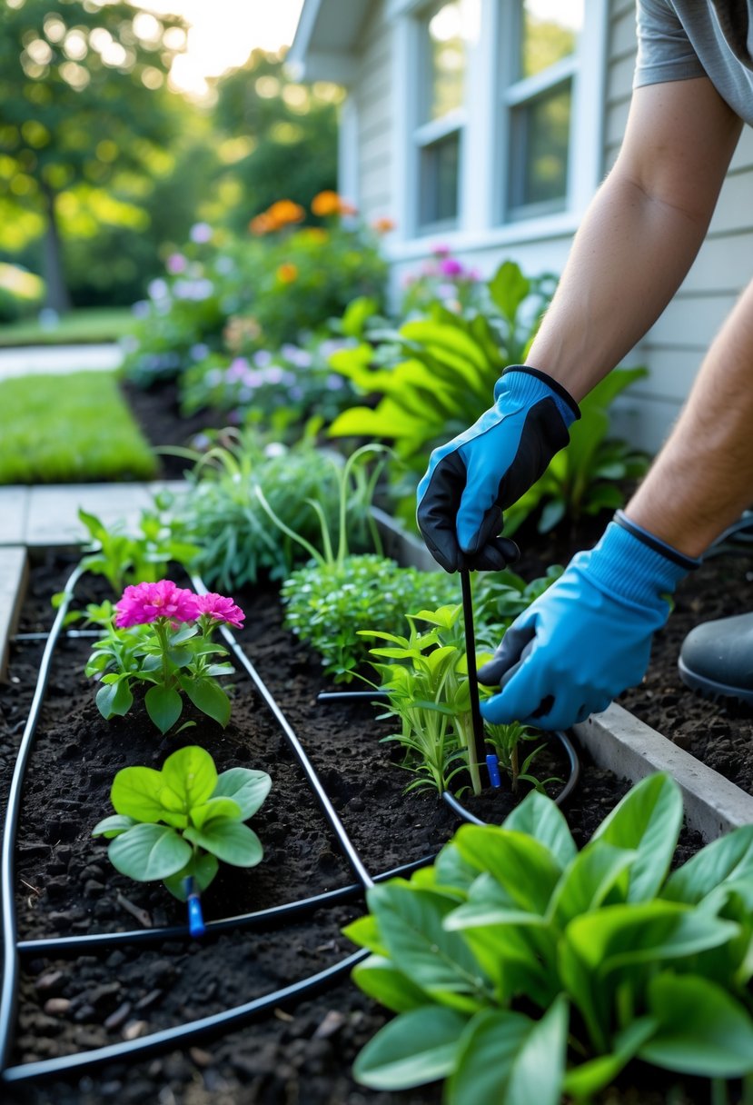 Small front garden with green plants and drip irrigation tubes delivering water to the plants.