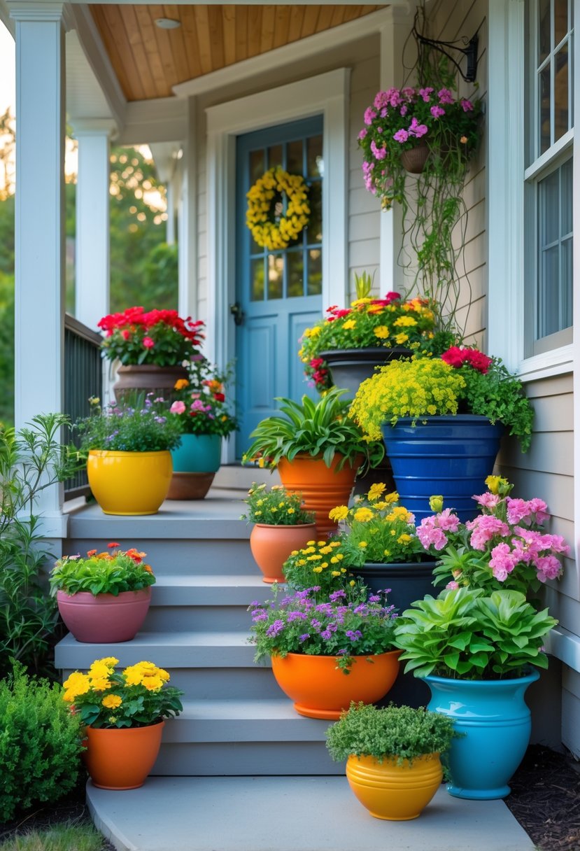 A small front porch with colorful pots filled with various green plants and blooming flowers arranged around the steps and railing.