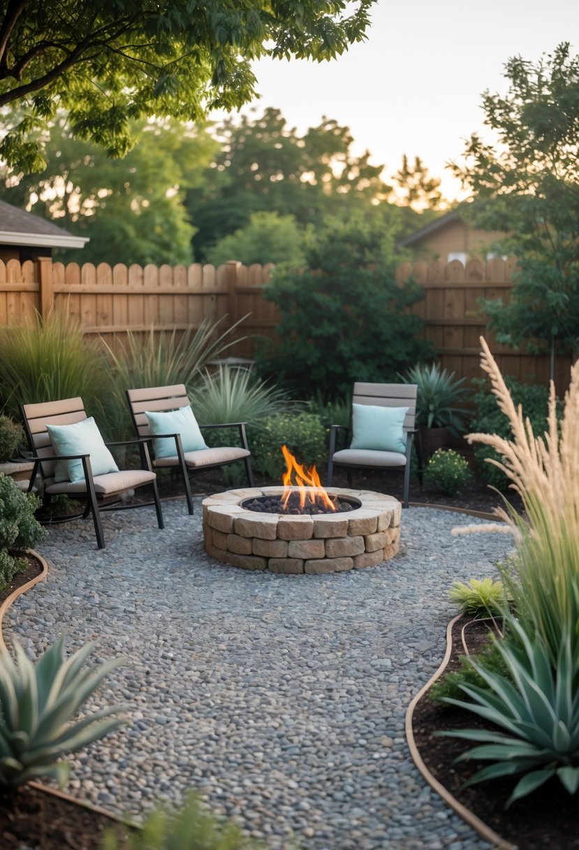 A small front garden with a circular stone fire pit surrounded by chairs on a gravel surface, bordered by low plants.