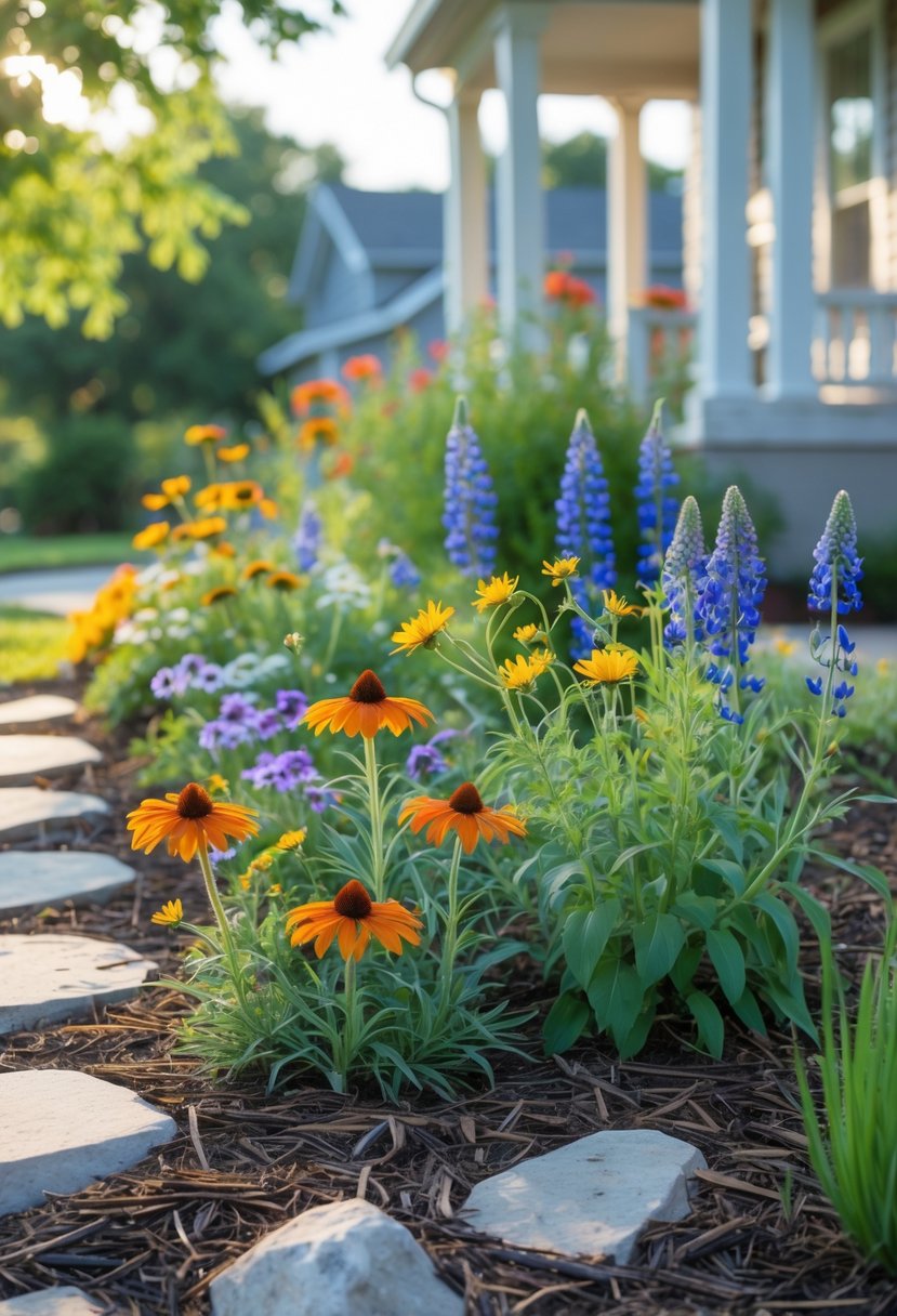Small front garden with colorful native wildflowers and a stone pathway leading to a house.