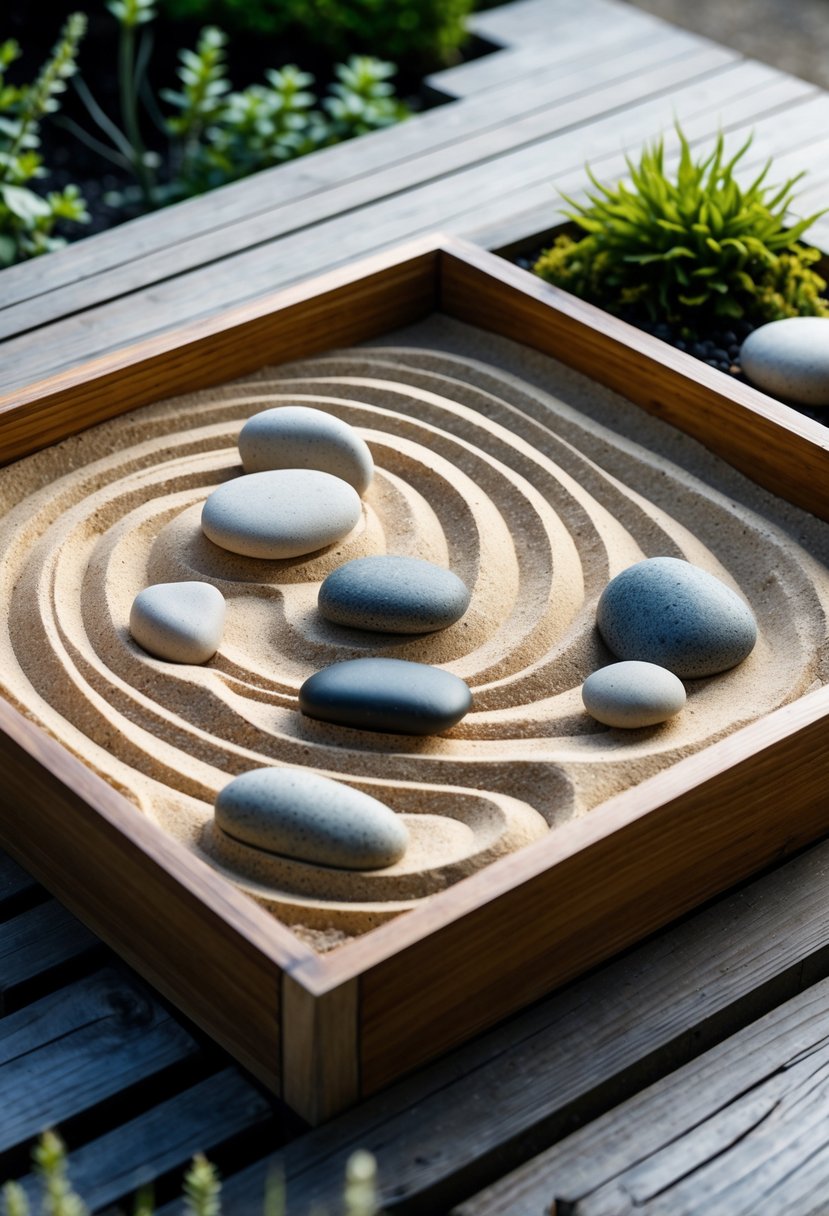 A small outdoor zen garden with raked sand and smooth stones arranged in a shallow wooden tray, surrounded by small green plants.