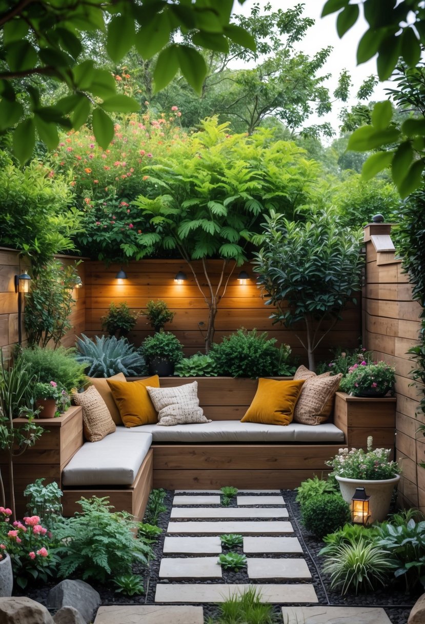 Small front garden with built-in wooden benches surrounded by plants and flowers.