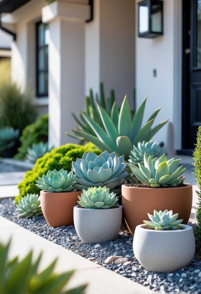 A front garden with various drought-tolerant succulents in pots arranged along a pathway leading to a house entrance.