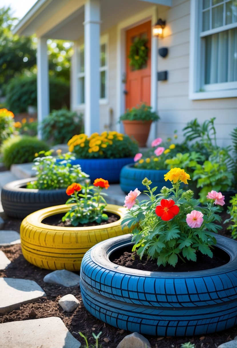 Small front garden with colorful recycled tire planters filled with flowers and plants arranged along a pathway in front of a house.