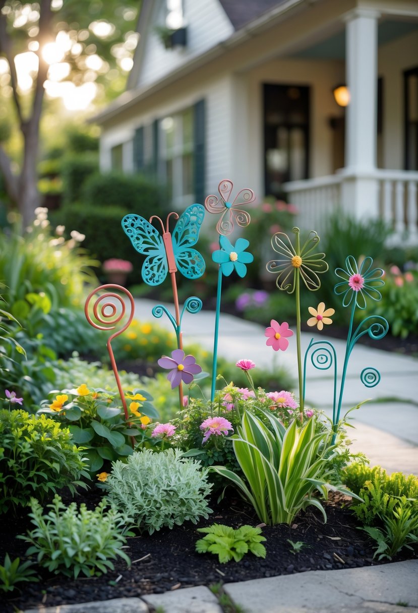 A small front garden with colorful flowers and decorative garden stakes shaped like butterflies and flowers near a house.