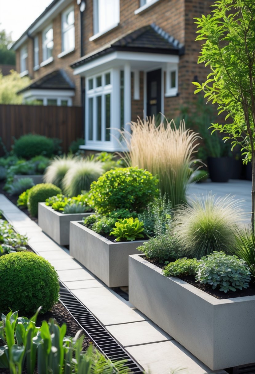 Front garden with modern planters containing healthy plants arranged neatly in front of a British suburban home.