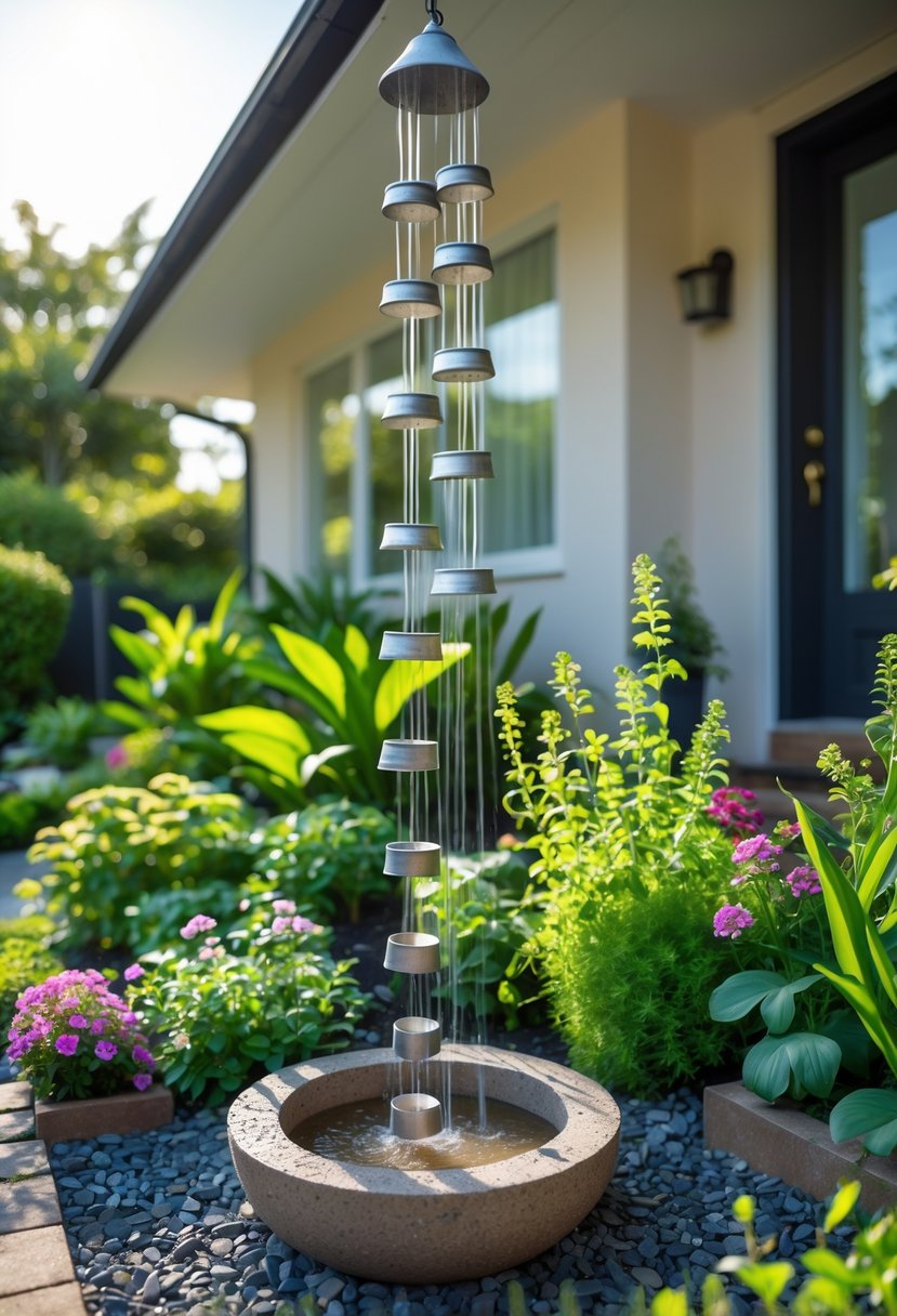 A small front garden with green plants and colorful flowers featuring a DIY rain chain guiding water into a stone basin near a house entrance.