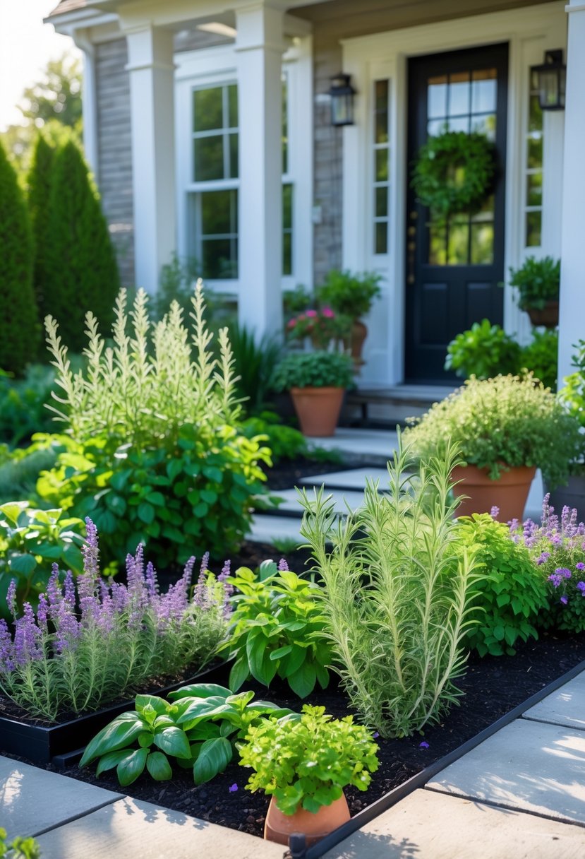A small front garden near a home entrance with various fragrant herbs planted along a stone pathway.