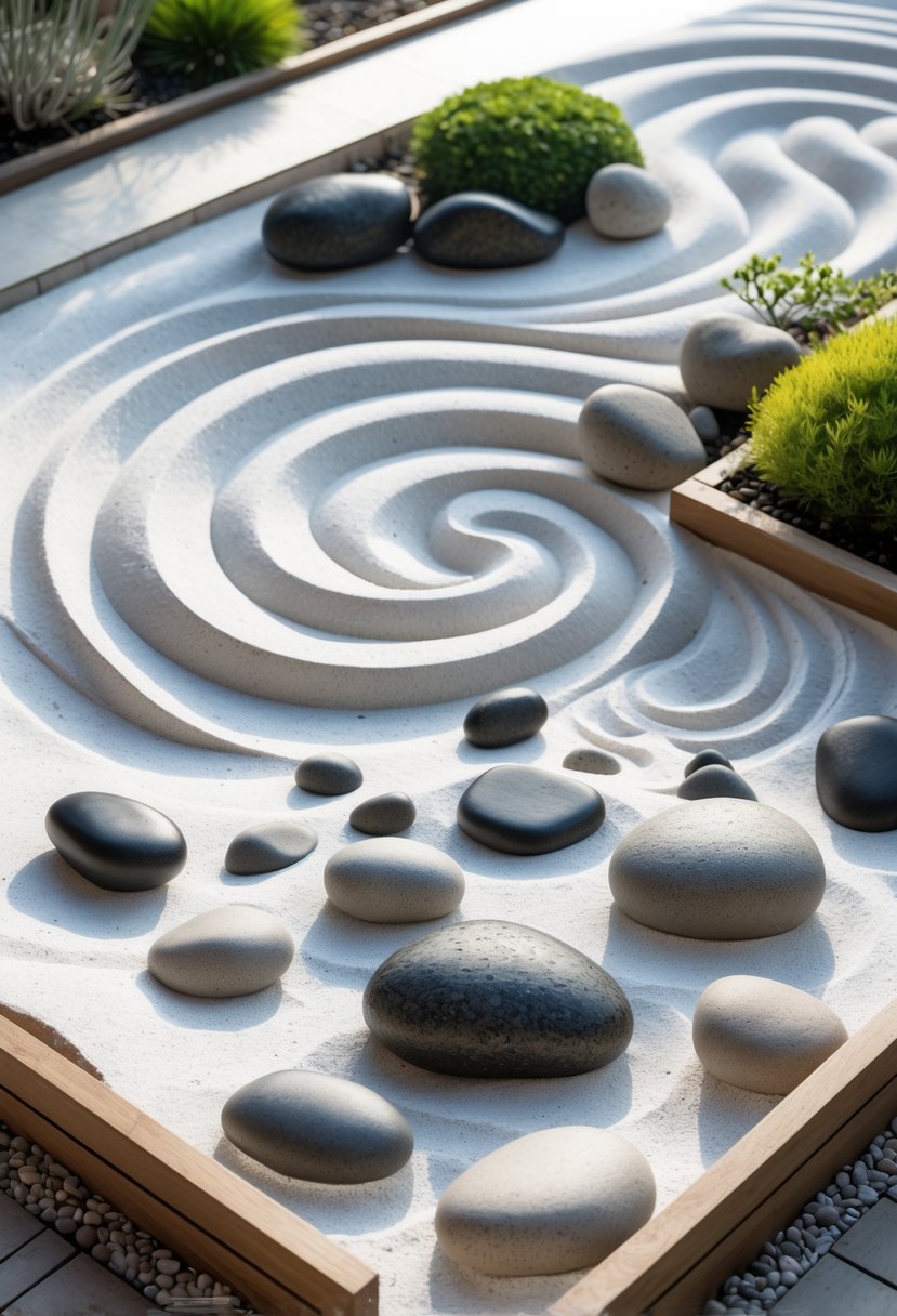A small front garden with smooth rocks arranged on raked white sand and small green plants around the edges.