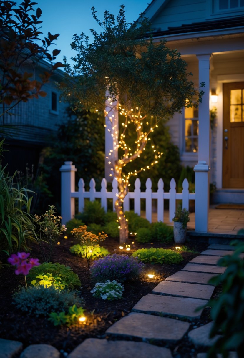 A small front garden at night illuminated by warm solar-powered fairy lights wrapped around plants and a fence, with a stone pathway leading to a house.