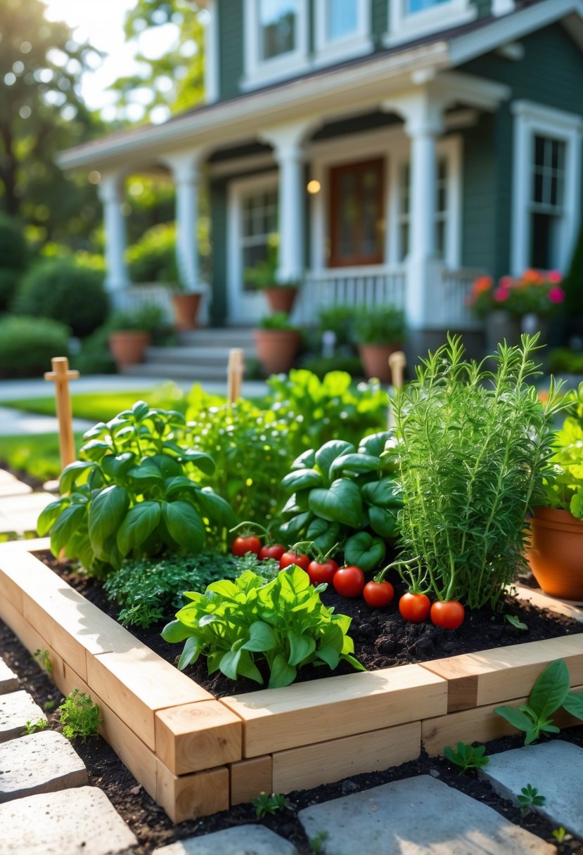 A small front garden with a vegetable and herb bed containing basil, rosemary, cherry tomatoes, and lettuce, bordered by wooden planks and a stone pathway in front of a house.