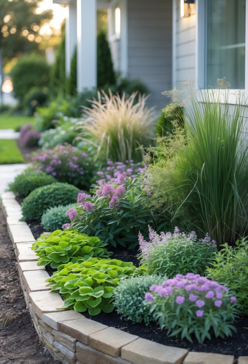 A small front garden with layered plants of different heights, including flowers, shrubs, and ornamental grasses, next to a house entrance.