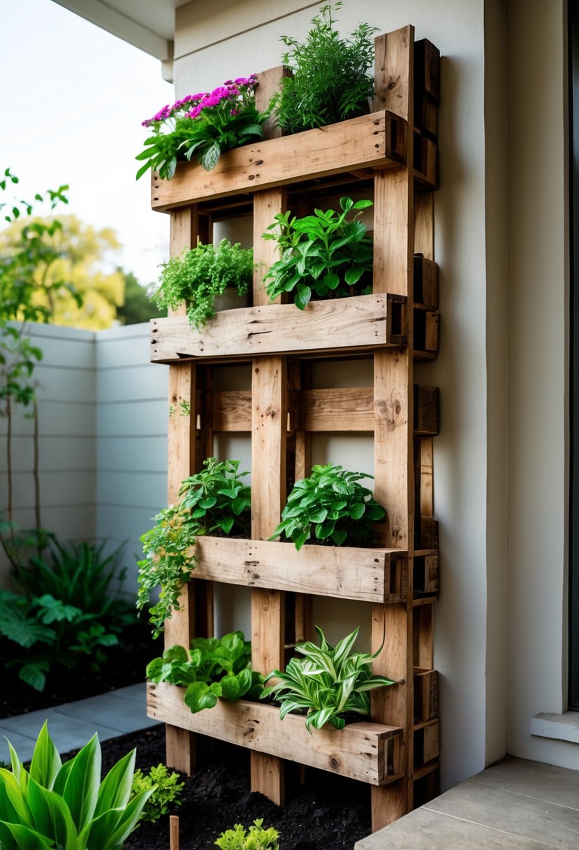 Small front garden with vertical planters made from recycled wooden pallets filled with green plants and flowers against a house wall.
