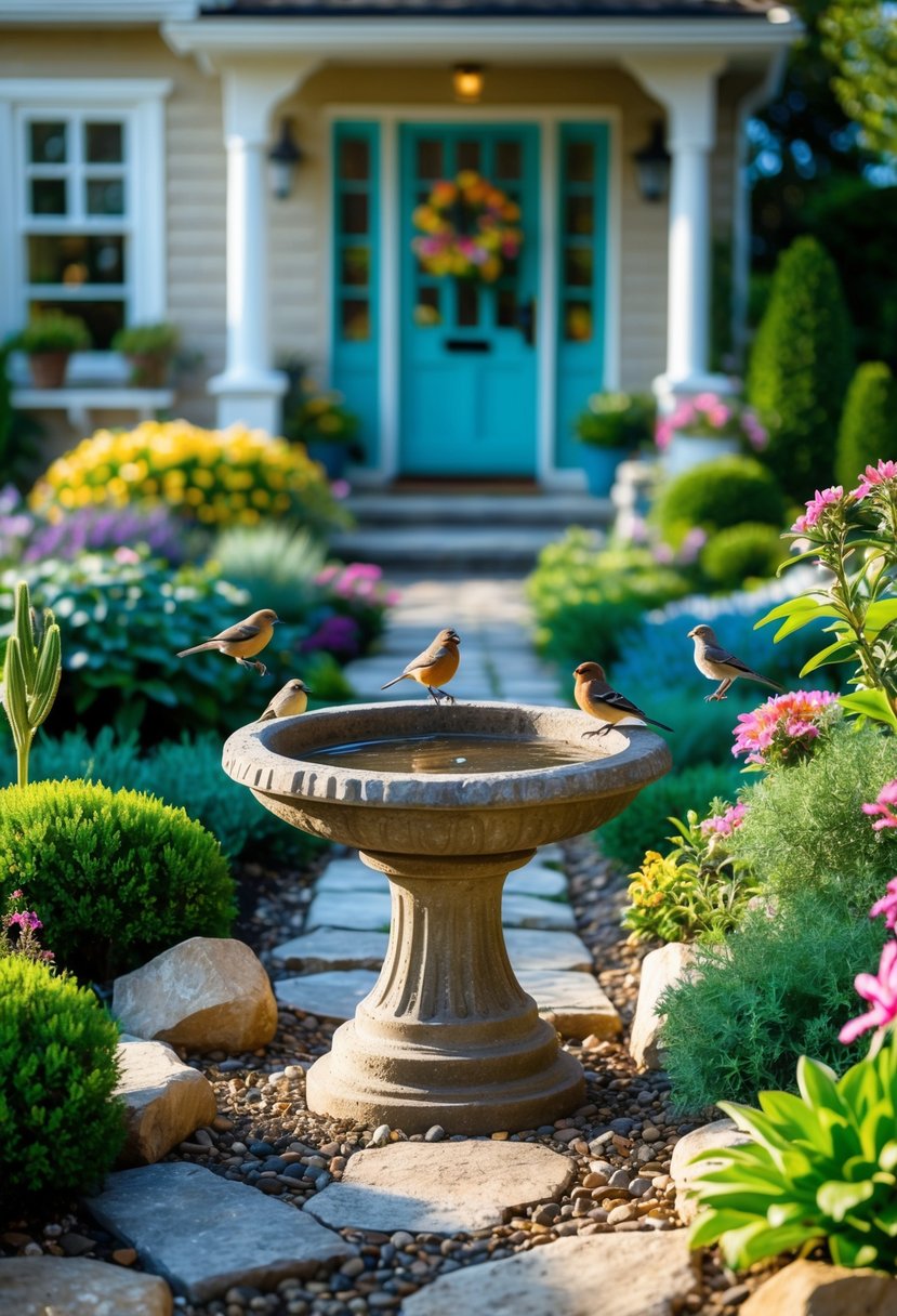 A small front garden with a birdbath surrounded by flowers and shrubs, with birds near the birdbath and a house in the background.