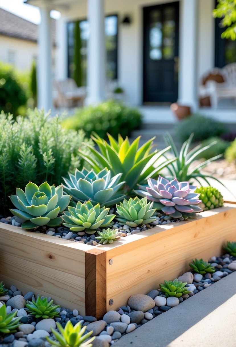 A small front garden with a wooden raised bed filled with various colorful succulents and decorative stones in front of a modern house.