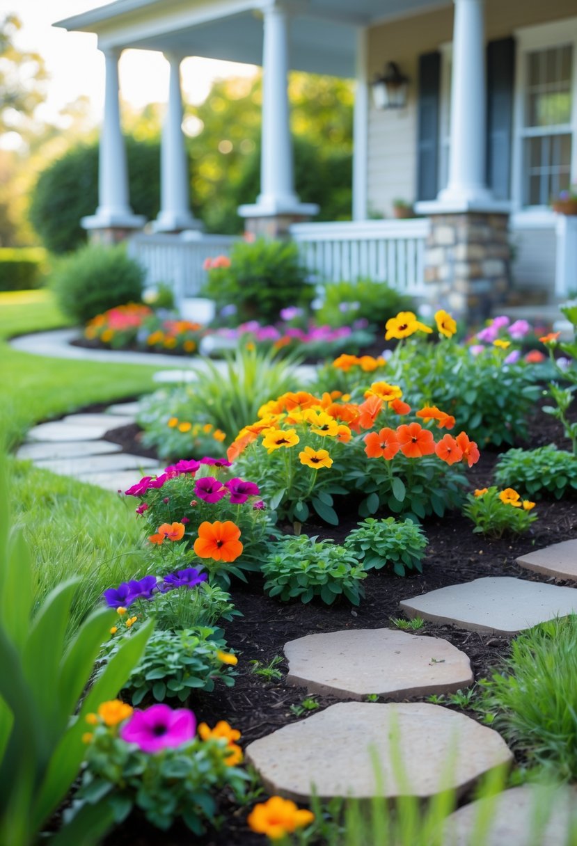 A small front garden with bright colorful annual flowers and a stone-bordered pathway leading through green grass and shrubs in front of a house.