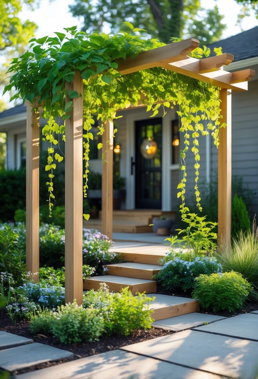 A small front garden with a wooden pergola covered in hanging green vines and surrounded by flowering plants.