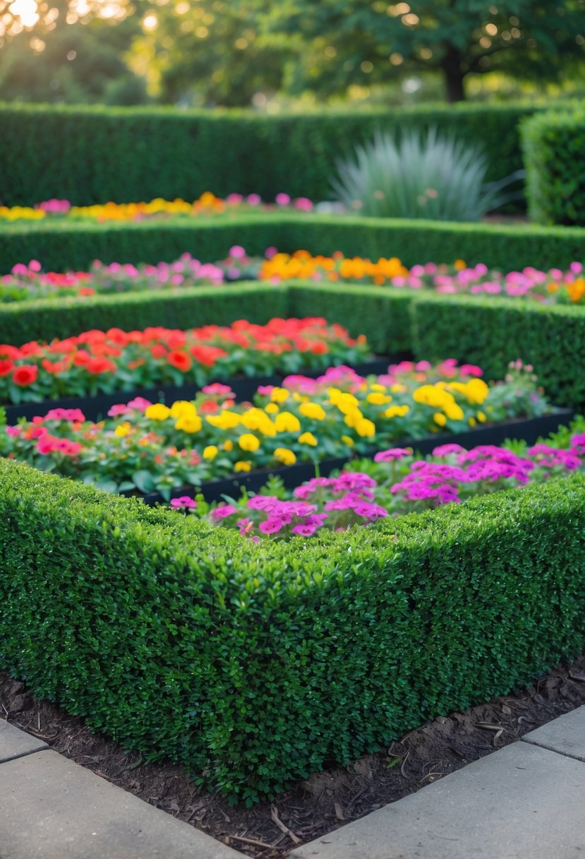 Small front garden with symmetrical boxwood hedges surrounding colorful flower beds filled with blooming flowers.