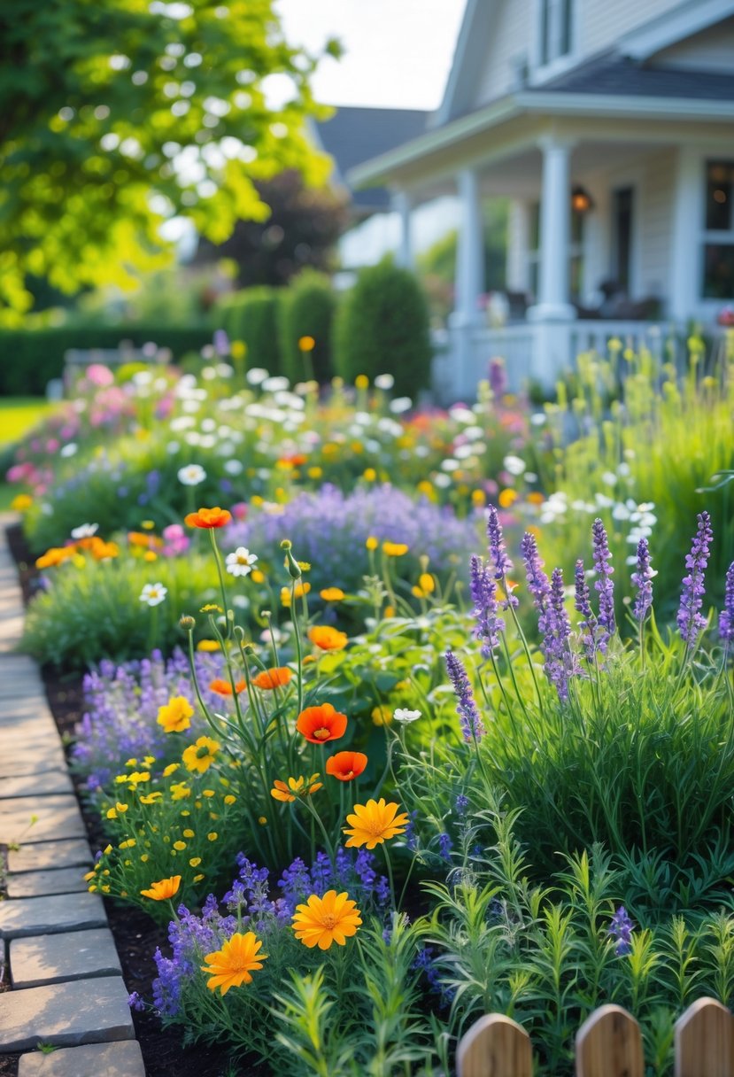 A small front garden with colorful wildflowers blooming year-round, bordered by a stone pathway and a wooden fence, with a house in the background.