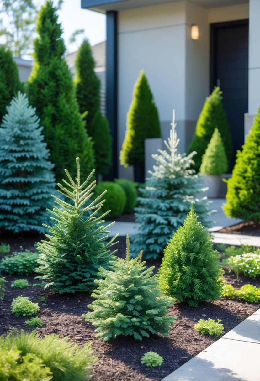 A small front garden with various dwarf conifers arranged neatly around a pathway in front of a modern house.