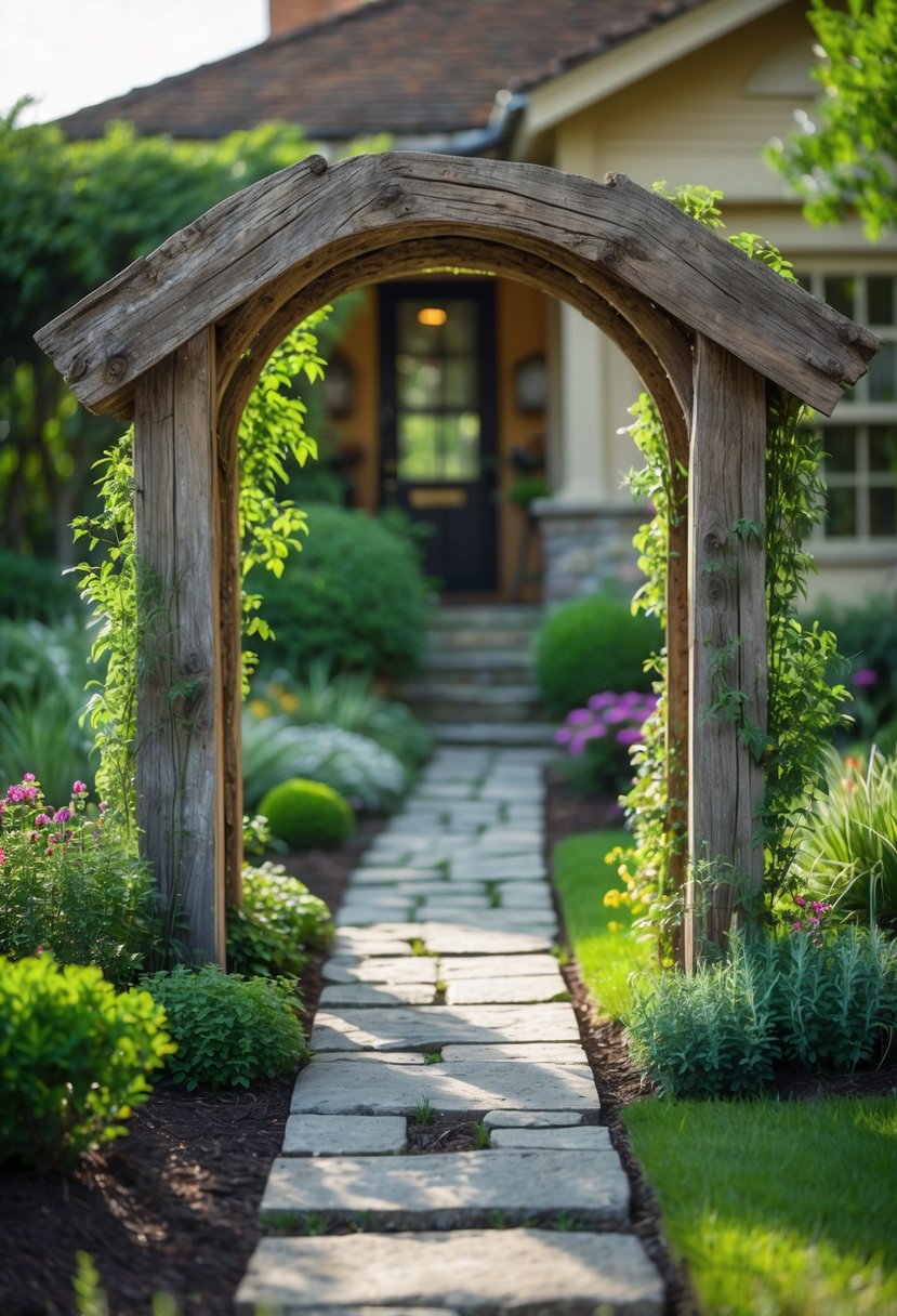 A small front garden with a rustic wooden arch over a stone pathway surrounded by flowering plants and green shrubs.