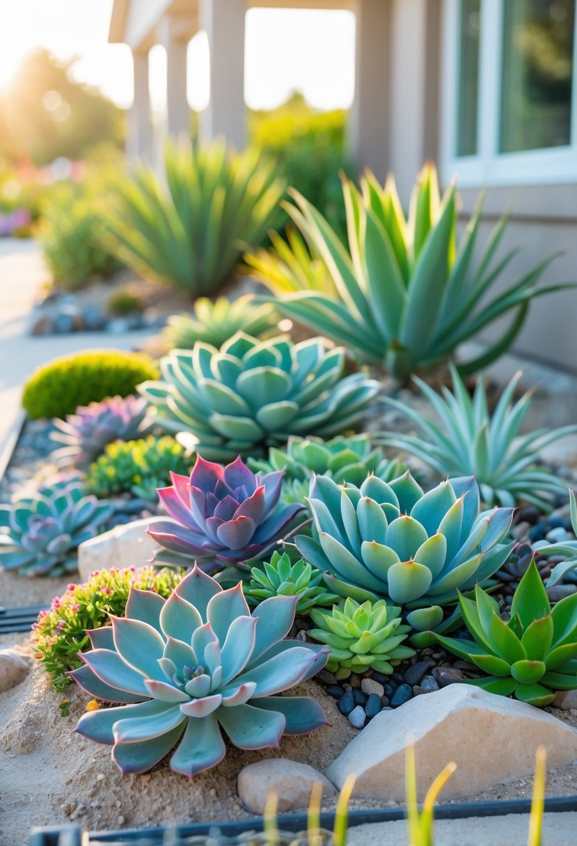 Small front garden with various drought-resistant succulents arranged among rocks and sandy soil near a modern house.