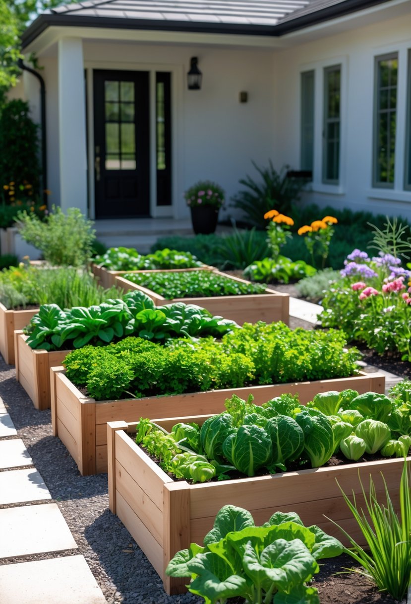Small front garden with raised wooden vegetable beds filled with green plants and herbs, surrounded by flowers and a stone pathway.