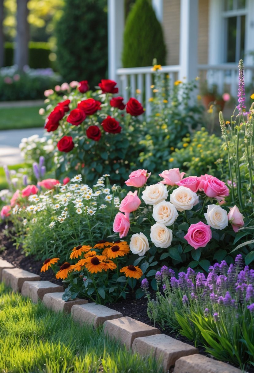 A small front garden with blooming roses and colorful perennial flowers arranged in neat beds beside a grassy area and a walkway.