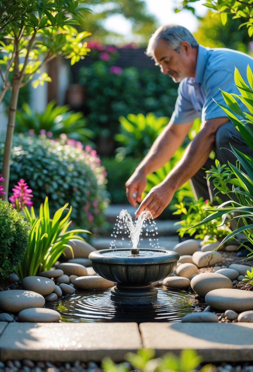 A person installing a small water fountain surrounded by plants and flowers in a front garden.