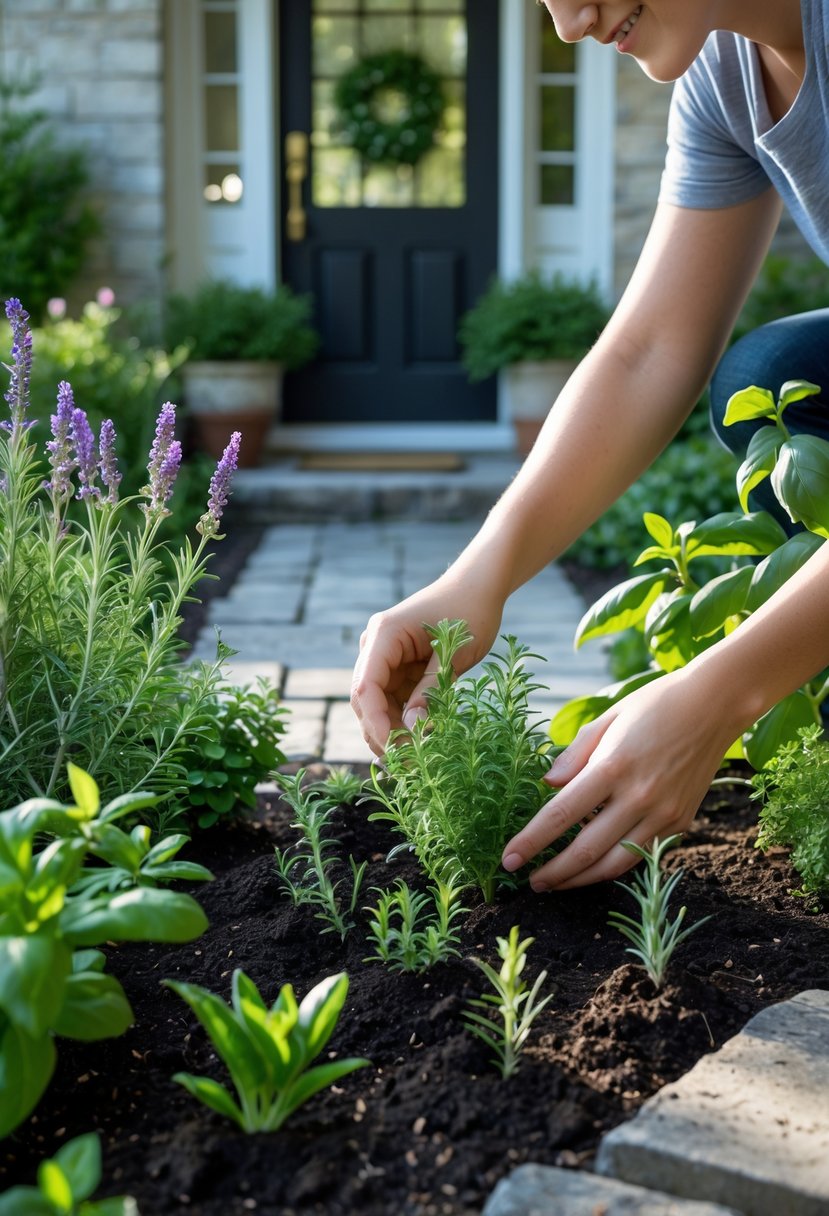 A small front garden near a home entrance with fragrant herbs being planted in the soil.