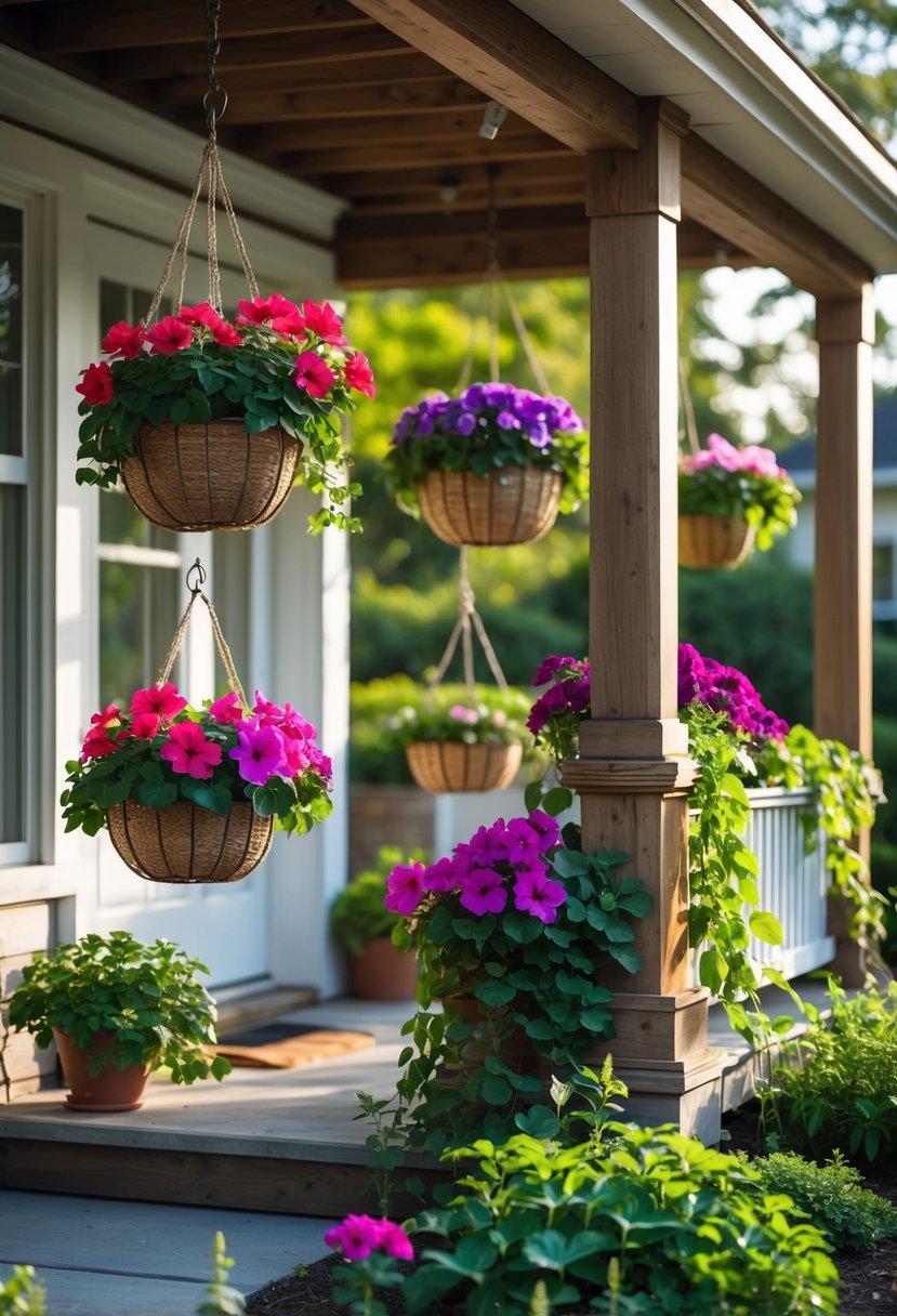 Small front garden with hanging flower baskets on porch beams and blooming plants below.