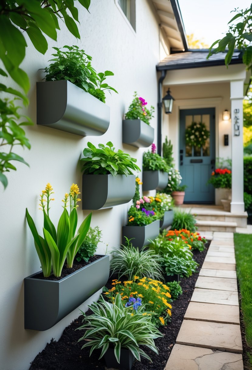 Small front garden with wall-mounted planters holding green plants and colorful flowers on a light exterior wall.